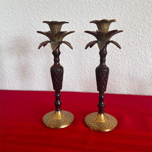 Palm Tree Brass & Wood Taper Candle Holders Set of 2 Vintage Decor - Picture 1 of 5